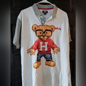 Hustle Gang White Polo with Bear Graphic and Grey Trim